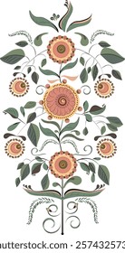 Vector pattern of flowers and leaves in the style of paintings of the northern peoples of Russia.