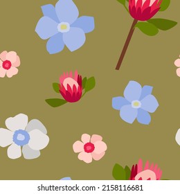 Vector pattern. Flowers on a brown background. Concept for textile, fabric, decoration, package.