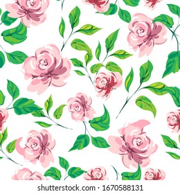 vector pattern of flowers on a white background of roses peonies. leaves are green. summer composition in a seamless style. for printing postcard fabric