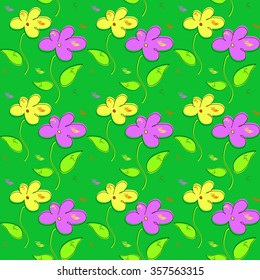 Vector pattern of flowers painted in the style of a children. Flowers on a green background
