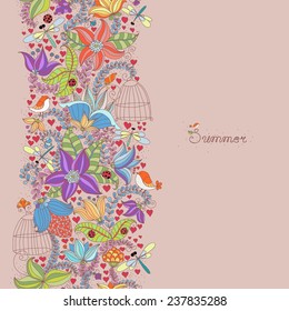 Vector pattern with flowers, plants, birds and insects. Floral background spring-summer .