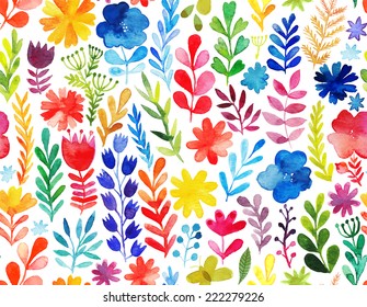 Vector pattern with flowers and plants. Floral decor. Original floral seamless background. Bright colors watercolor, autumn-summer botanical elements