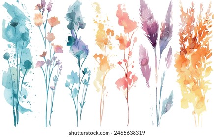 Vector pattern with flowers and plants. Floral decor. Original floral seamless background. Bright colors watercolor, autumn-summer botanical elements