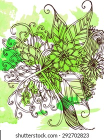 Vector pattern with flowers and plants. Floral decor. Original floral background. Bright colors watercolor. Vector watercolor grunge paint abstract floral design