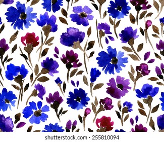 Vector pattern with flowers and plants.  Watercolor floral illustration.Seamless pattern.