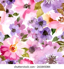 Vector pattern with flowers and plants. Watercolor floral illustration.Seamless pattern.