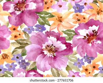 Patrón vectorial con flores y plantas. Ilustración floral acuarela.Patrón transparente.