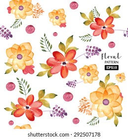 Patrón vectorial con flores y plantas. Ilustración floral acuarela.Patrón transparente.