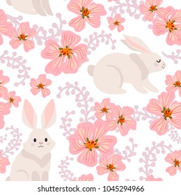 Vector pattern with flowers and rabbits. Perfect for the design of postcards, wallpapers, printing on fabric  and so on.