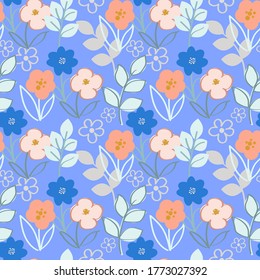 Vector pattern with flowers in Scandinavian style. Stylish endless botanical ornament on a blue background.