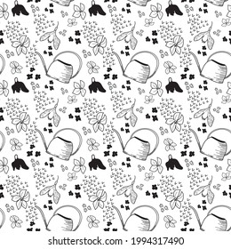 Vector pattern with flowers, seeds, watering can, for gift
 wrapping, textiles