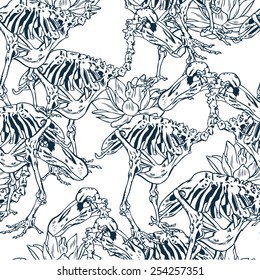 Vector pattern with flowers and skeleton birds