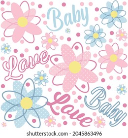 Vector pattern of flowers, texts and radiant colors. Ideal for children's decorations.