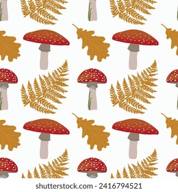 Vector pattern with fly mushrooms, autumn leaves