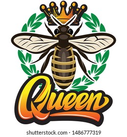 Vector pattern with flying bee, crown and calligraphic inscription - queen.