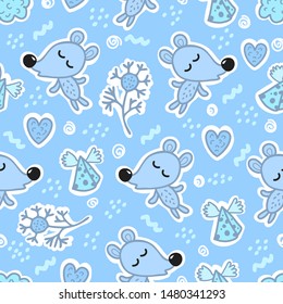 Vector pattern with flying mice, clouds, hearts, cheese on blue background. For textile, fabric, background, wrapping paper, Wallpaper.