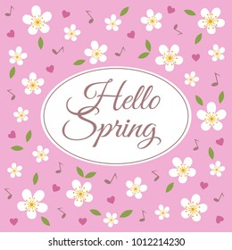 Vector pattern of flying white flowers, green leaves, notes, hearts with inscription  «Hello spring» on pink background.