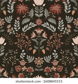 Vector pattern in folk style with various floral motifs on a dark background in the 2025 trendy color. Decorative seamless design perfect for textiles, packaging, and surface prints.