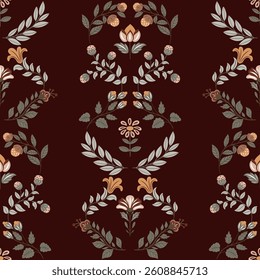 Vector pattern in folk style with various floral motifs on a dark background in the 2025 trendy color. Decorative seamless design perfect for textiles, packaging, and surface prints.