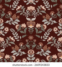 Vector pattern in folk style with various floral motifs, dark background in the trendy color of 2025.