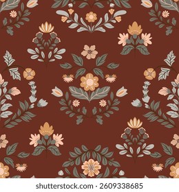 Vector pattern in folk style with various floral motifs, dark background in the trendy color of 2025.