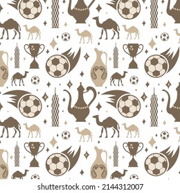 Vector pattern with football, camel, ancient jugs, fort and winning trophy.