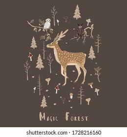 Patrón vectorial con animales de bosque y hongos en un fondo broun, beige. Oveja, búho y lechuza en el bosque. Ilustración cuadrada dibujada a mano. La inscripción "Magic Forest"