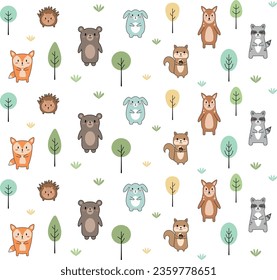 Vector pattern of Forest animals. A set of cute cartoon animals. 