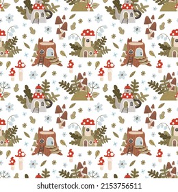 Vector pattern with forest fairy houses and nature in cartoon style. Fly agaric, ferns, forest flowers, stump house, kettle house, amanita house seamless background.