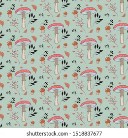 Vector pattern with forest mushrooms, Amanita mushroom, plants, leaves. Green background. Botanical illustration by hand.