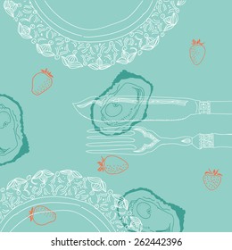 vector pattern with fork, knife, plate, strawberry and oysters
