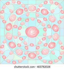 Vector pattern in the form of a mosaic of pink roses and green gradation. It can be used for textiles, wrappers, and other ceramics design