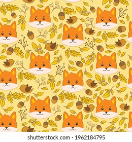 Vector pattern with fox, leaves, acorns Vector autumn wallpaper