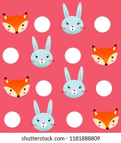Vector pattern of foxe, bunny and polka dots