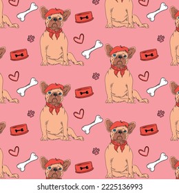 
Сute vector pattern with french bulldog in beret on pink background