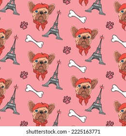 
Сute vector pattern with french bulldog in beret on pink 