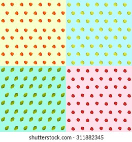 Vector pattern of fresh healthy food in pastel colors. Apple, persimmon, basil.