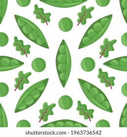 Vector pattern with fresh sweet organic green pea with leaves and herb. Backdrop with tasty vegetable ingredient.