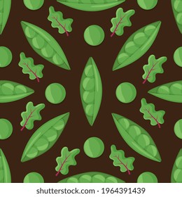 Vector pattern with fresh sweet organic green pea with leaves and herb. Backdrop with tasty vegetable ingredient.