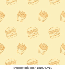 Vector pattern of fries and hamburger on a beige background. Drawn by hand. Fast food. Menu.