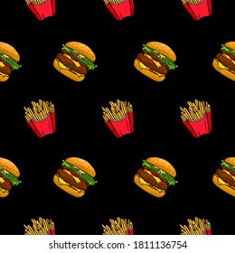 Vector pattern of fries and hamburger, on a black background. Drawn by hand. Fast food. Perfect for printing on fabric, paper or for cafe menu backgrounds.