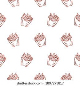 Vector pattern of fries in retro style. Drawn by hand. Fast food. Menu. Brown elements on a white background.
