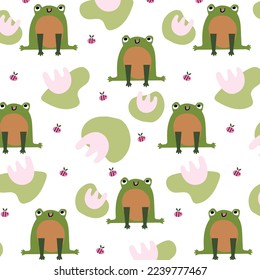 vector pattern with frog, insect and water lily in cartoon style.  repeating illustration with amphibians, insects and abstract swamp flowers