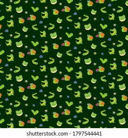 Vector pattern with frogs, crocodiles, caterpillars, snails, bees, beetles. Cute animal pattern background. Fashion pattern for print, wrapping paper