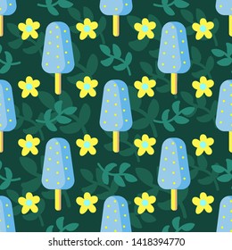 Vector pattern with fruit blue ice cream Popsicle, twigs and flowers on green background. For textiles, background, fabric, wrapping paper, Wallpaper, baby diapers. 