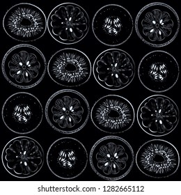 
Vector pattern of fruit on a black background. Lemons and kiwi on a pattern. Linear fruit pattern.