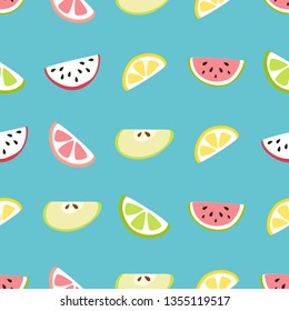 Vector pattern of fruit slices: lemon, grapefruit, apple, watermelon, pitaya. Decorative illustration, good for printing. Colorful wallpaper vector. Great for label, print, packaging, fabric.