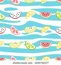Vector pattern of fruit slices: lemon, grapefruit, apple, watermelon, pitaya. Decorative illustration, good for printing. Colorful wallpaper vector. Great for label, print, packaging, fabric.