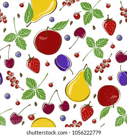 Vector pattern with fruits and berries: apple, pear, cherry, plum, strawberry, currant, blueberry and green leaves. Design menu, card, banners and textile for kitchen. EPS 10