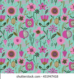 Vector pattern with fruits, flowers and leaves